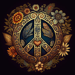 A beautiful, intricate peace sign with flowers around it. 