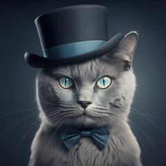 Elegant gray cat with top hat and bow tie. Generative AI