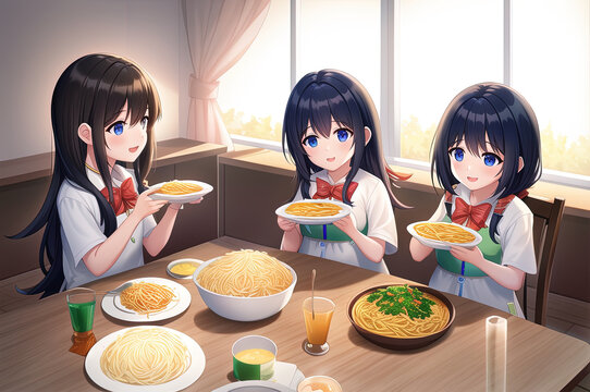 ultra real bright scene of modern middle eastern children eating pasta happily . generative ai
