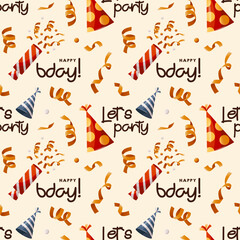 Pattern with Birthday paper caps, party cracker with confetti. Happy bday handwritten lettering. Birthday party, celebration, holiday, festive. Perfect for product design, wallpaper, wrapping paper. 