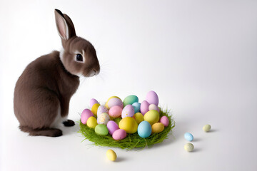 Fototapeta na wymiar Easter Bunny with multicolored eggs in a green grass basket on a white background. Generative AI.