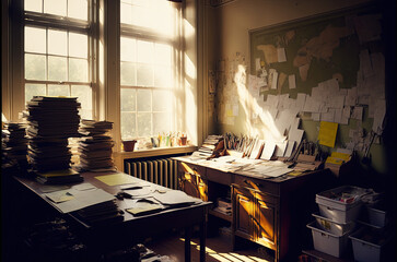 An illustration of a classroom with a sunny view outside.
