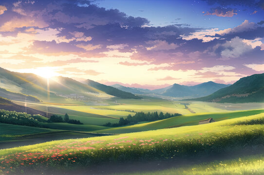 peaceful landscape, colorful nature, mountains, amazing sky, beautiful fields. generative ai. anime style illustrations © lndstock