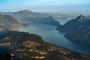 Switzerland 2022, Beautiful view of the Alps from Fronalpstock. Early morning on lake Luzern. Panorama.