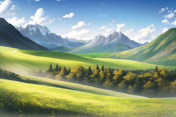 Obraz premium peaceful landscape, colorful nature, mountains, amazing sky, beautiful fields. generative ai. anime style illustrations