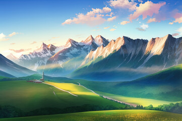 Obraz premium peaceful landscape, colorful nature, mountains, amazing sky, beautiful fields. generative ai. anime style illustrations
