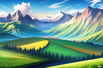 peaceful landscape, colorful nature, mountains, amazing sky, beautiful fields. generative ai. anime style illustrations