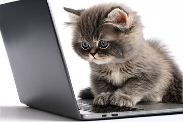 kitten sitting on a laptop  isolated on a white background. Cat  looking at a computer screen.  [Digital art. Generative AI painting]