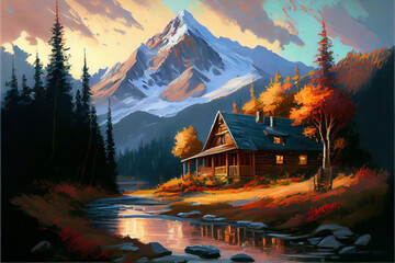 Fototapeta premium Generative Ai, art painting style, landscape with river and mountains