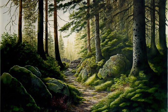  a painting of a path in a forest with rocks and trees on either side of it and a rock and grass area on the other side of the path, with a few trees. Generative AI