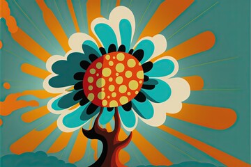  a colorful flower with a tree in the middle of it with a sky background and sunbursts in the background with a blue sky and orange circle in the center of the center. Generative AI