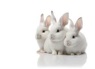 Obraz premium Easter Bunny Rabbits, three white cute fluffy dwarf bunnies sitting together on a white background. AI generative