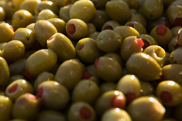 Olives on sale in a food market.