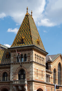 BUDAPEST, HUNGARY -  JULY 16, 2019:  Detail of the Great Market Hall building 
