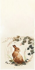 Watercolour background with rabbit, leaves and place for text. Illustration for Lunar Chinese New Year or for the Easter card and invitation, book and calendar with place foe text. AI generative