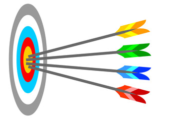 Direct hit target, colored arrows bullseye board, objective goal graphic. Colorful Red, yellow, blue, green. Perspective circle side wall. Business, gain, archery, finance, win. Illustration vector