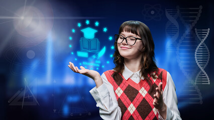 Teen girl student on glowing background with symbols of science, university, diploma