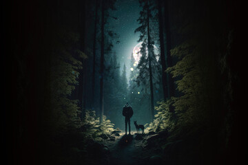 A man  with a dog in the dark forest , night in a woodland AI Generated background
