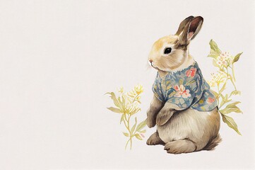 Watercolour background with rabbit, leaves and place for text. Illustration for Lunar Chinese New Year or for the Easter card and invitation, book and calendar with place foe text. AI generative