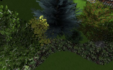 3d image of landscape design of a personal plot. Composition of a group of plants trees, bushes and flowers. Computer visualization of compositional solutions for the improvement of the local area.