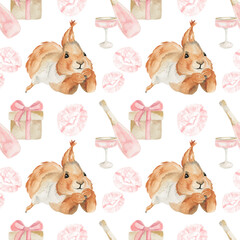 romantic evening squirrel valentine's day seamless watercolor pattern png 