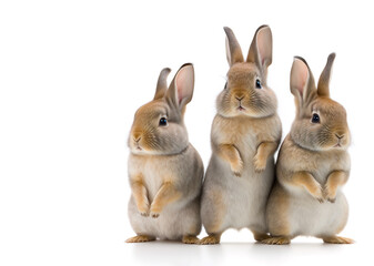 Fototapeta na wymiar Easter Bunny Rabbits, three sweet chubby fluffy clipart dwarf bunnies are standing up on their hind legs on a white background. AI generative