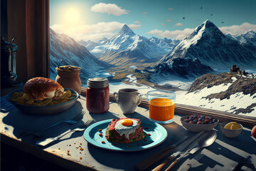 Breakfast at mountain peak, perfect view from hotel or restaurant, generative AI