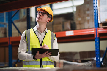 Portrait of caucasian industrial worker standing with tablet holding in his hand feeling proud and confident looking for the new opportunity, new challenge, concept logistics industry,
