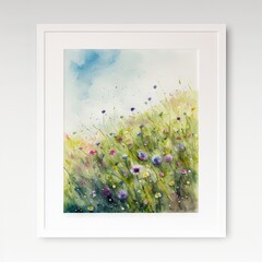  a painting of a field of flowers with a blue sky in the background and a white frame on the wall above it is a white wall with a white frame and a white border with a. Generative AI