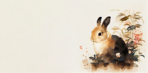 Watercolour background with rabbit, leaves and place for text. Illustration for Lunar Chinese New Year or for the Easter card and invitation, book and calendar with place foe text. AI generative