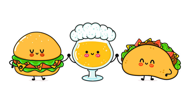 Cute, funny happy glass of beer taco hamburger. Vector hand drawn cartoon kawaii characters, illustration icon. Funny cartoon glass of beer taco hamburger mascot friends concept