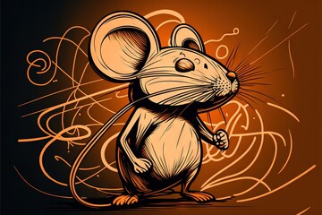  a cartoon mouse with a long tail and a surprised look on its face, standing in front of a dark background with swirls and lines, and a swirly pattern. Generative AI