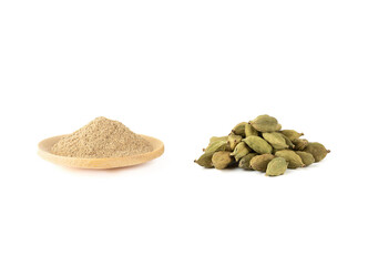 Green cardamom pods and ground cardamom on a white background.