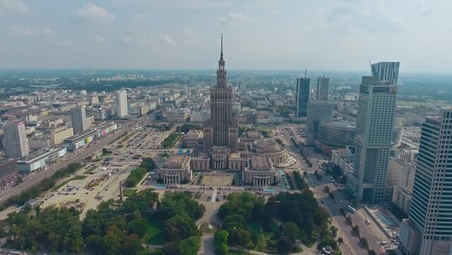 Warsaw, Poland. Aerial view Palace of Culture and Science and downtown business skyscrapers in Warsaw, Poland.