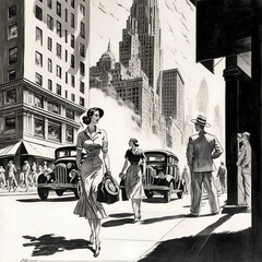 Young woman walking down a street in 1930s New York - cartoon drawing - obrazy, fototapety, plakaty