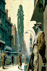 Man in New York in the 1930s, comic strip drawing - Generative AI