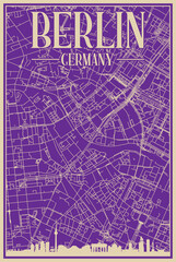 Purple hand-drawn framed poster of the downtown BERLIN, GERMANY with highlighted vintage city skyline and lettering