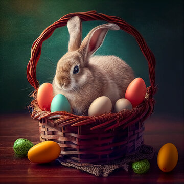 basket with bunny and easter eggs, generative AI.