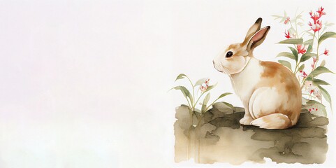 Watercolour background with rabbit, leaves and place for text. Illustration for Lunar Chinese New Year or for the Easter card and invitation, book and calendar with place foe text. AI generative