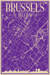 Purple hand-drawn framed poster of the downtown BRUSSELS, BELGIUM with highlighted vintage city skyline and lettering
