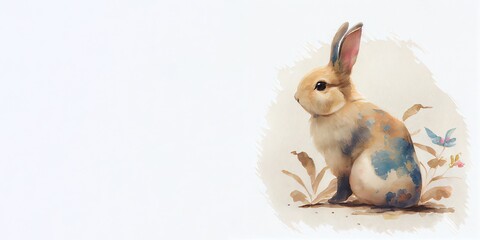 Watercolour background with rabbit, leaves and place for text. Illustration for Lunar Chinese New Year or for the Easter card and invitation, book and calendar with place foe text. AI generative