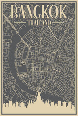 Grey hand-drawn framed poster of the downtown BANGKOK, THAILAND with highlighted vintage city skyline and lettering