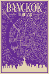 Purple hand-drawn framed poster of the downtown BANGKOK, THAILAND with highlighted vintage city skyline and lettering