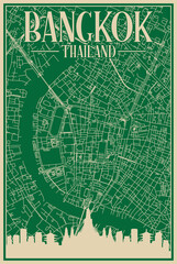 Green hand-drawn framed poster of the downtown BANGKOK, THAILAND with highlighted vintage city skyline and lettering