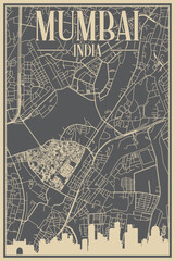 Grey hand-drawn framed poster of the downtown MUMBAI, INDIA with highlighted vintage city skyline and lettering