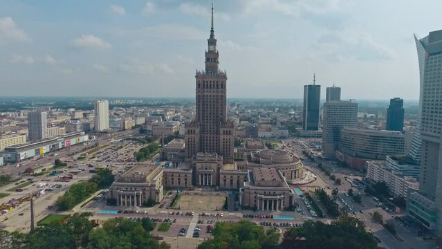 Warsaw, Poland. Aerial view Palace of Culture and Science and downtown business skyscrapers in Warsaw, Poland.