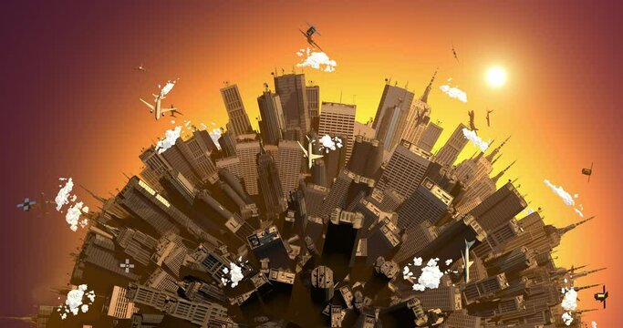 Flying over crowded cities. Earth is rotating. Overpopulated cities all over the earth surface. 3d abstract concept animation.