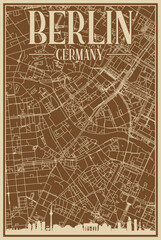 Brown hand-drawn framed poster of the downtown BERLIN, GERMANY with highlighted vintage city skyline and lettering