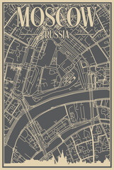 Grey hand-drawn framed poster of the downtown MOSCOW, RUSSIA with highlighted vintage city skyline and lettering