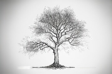  a drawing of a tree with lots of branches and leaves on it's branches, with a white background and a light gray background with a white border, with a black outline. Generative AI